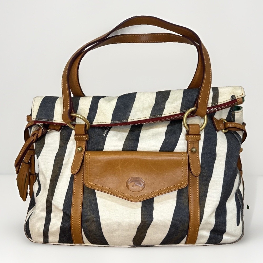 Dooney‎ & Bourke Zebra Smith Bag Canvas Leather Handles Tassels Large Satchel